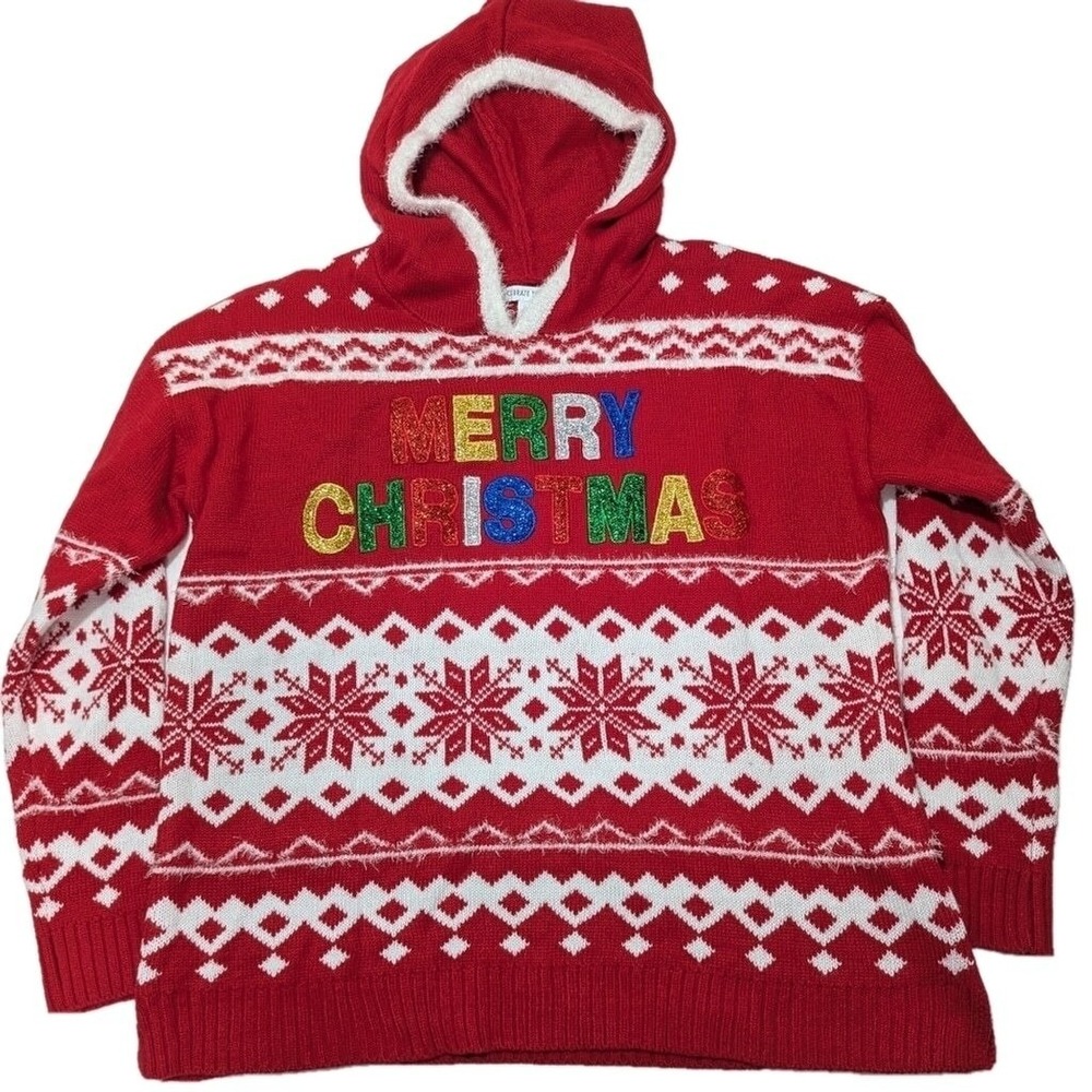 Women's Red Merry Christmas Snowflake Hoodie‎ Sweater Size Medium
